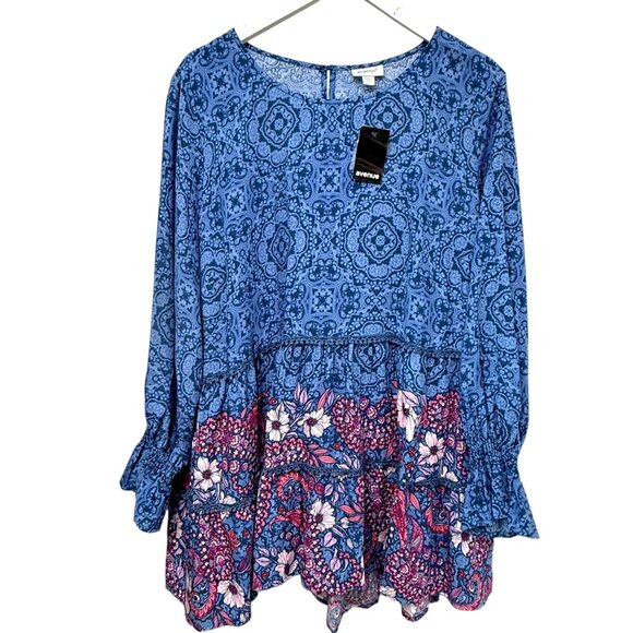 AVENUE Blue Boho Blouse Plus Size 20 Rayon Tunic Top Long Sleeve NWT - Picture 2 of 14